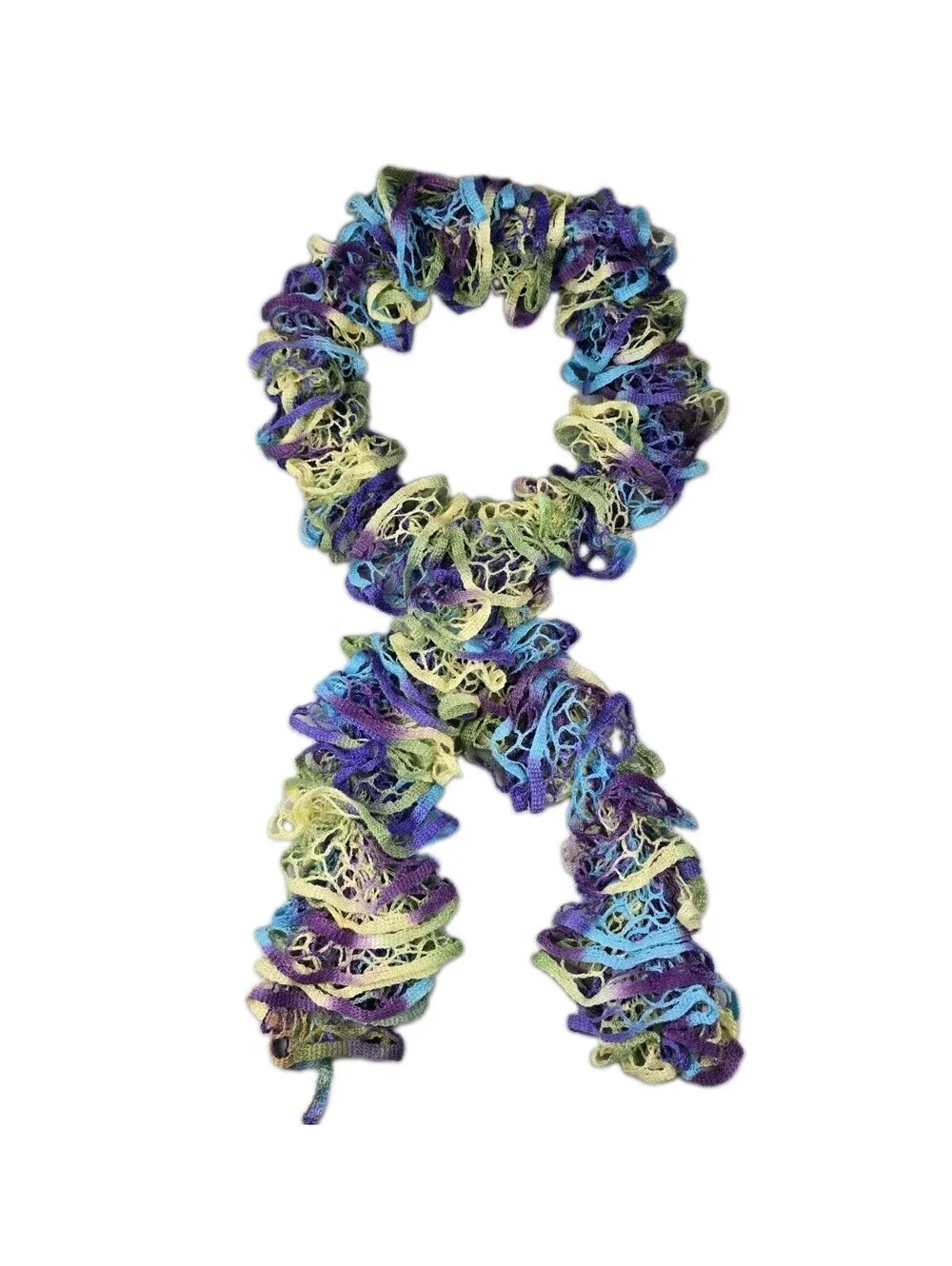 Handmade Ruffle Knit Multicolor Scarf Pastels Purple Blue Green 68